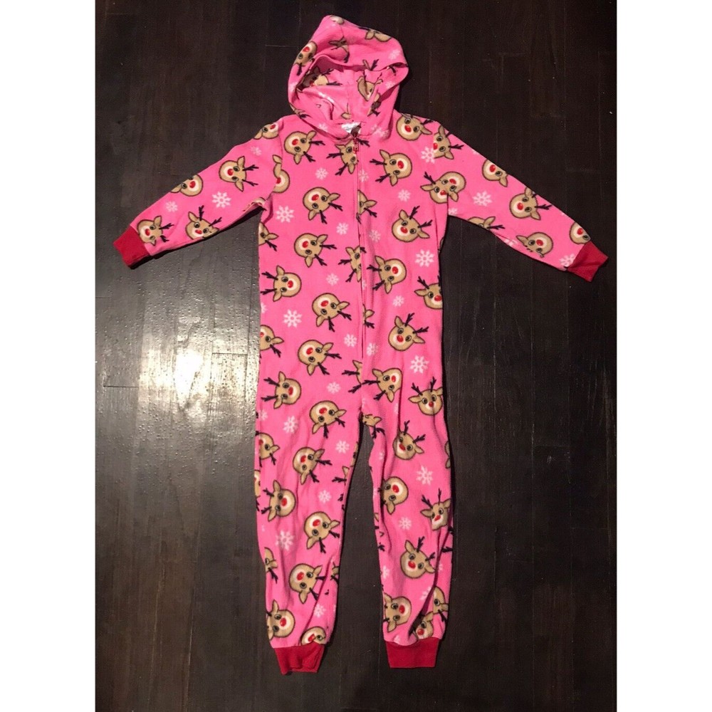 Jelli Fish KIDS Fleece Christmas Sleeper Pajamas XS 4-5 Reindeer One Piece Hood